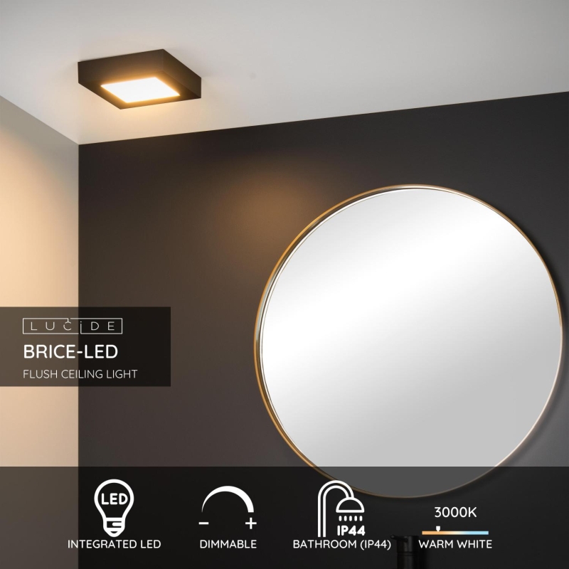 Lucide BRICE-LED - Zapustené stropné svietidlo Kúpeľňa - LED Dim. - 1x15W 3000K - IP44 - Čierna